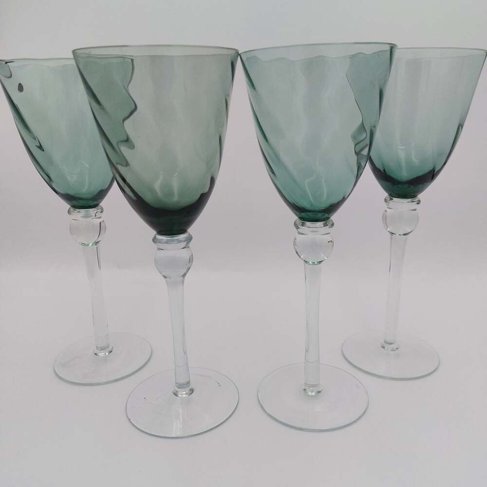 Vtg Mid Century Sage Green Optic Swirl Wine Glasses Clear Ball Stem Set of 4